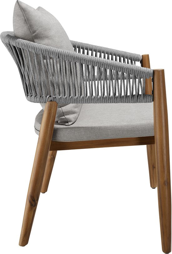 tectake® Set van 2 Tuinstoelen Manacor - Tuinstoel in Rope-Design - Balkonset - Weerbestendige Buitenstoel van Gelakt Acaciahout - Grijs/Beige - Stoelen voor Tuin, Balkon, Terras
