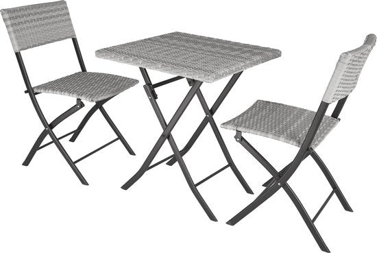 tectake® - wicker balkon- of tuinbistroset, zitgroep met 2 stoelen en 1 kleine eettafel, ruimtebesparend opklapbaar, tuinmeubelen, balkonmeubel klein balkon - lichtgrijs