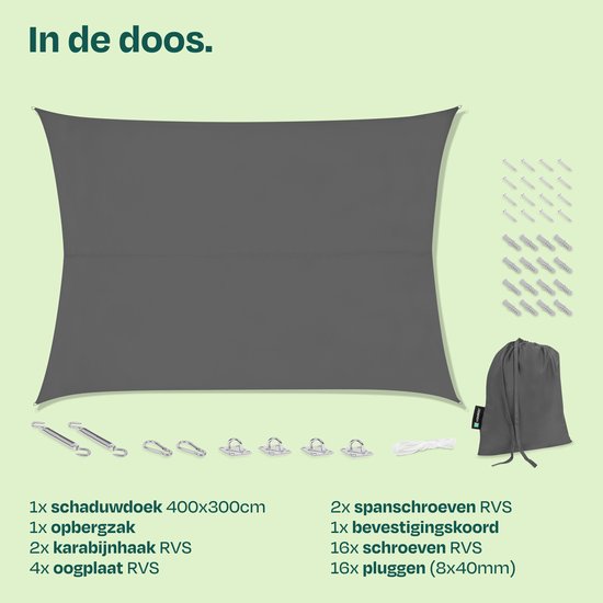 VONROC schaduwdoek rechthoek - 400x300 cm - grijs - waterafstotend - UV-bescherming UPF 50+ - incl. RVS bevestigingsset