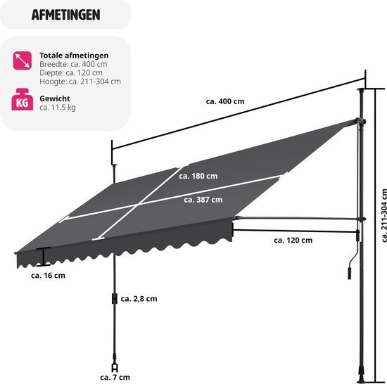 tectake - klemluifel - Zonnescherm – Zonneluifel - Verstelbaar - Klem-zonwering - Zonnescherm Balkon - 400 x 180 cm - zwartgrijs – zonwering - 404970