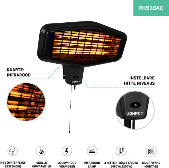 VONROC Sfeervolle terrasverwarmer – Amiata 2200W – Krachtige infraroodlamp – 3 warmteniveaus – Voor muur montage
