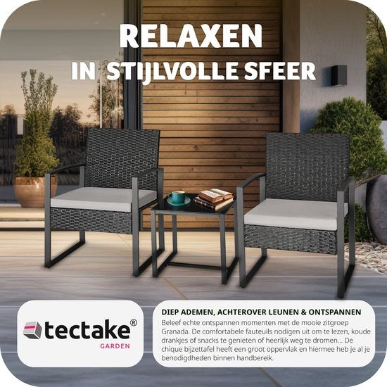 tectake® - wicker zitgroep 2x fauteuils met tafel, balkonmeubelset, tuinmeubelen, balkonmeubilair, kleine lounge, gestoffeerde stoelen inclusief buitentuintafel, weerbestendig - zwart - poly-rattan