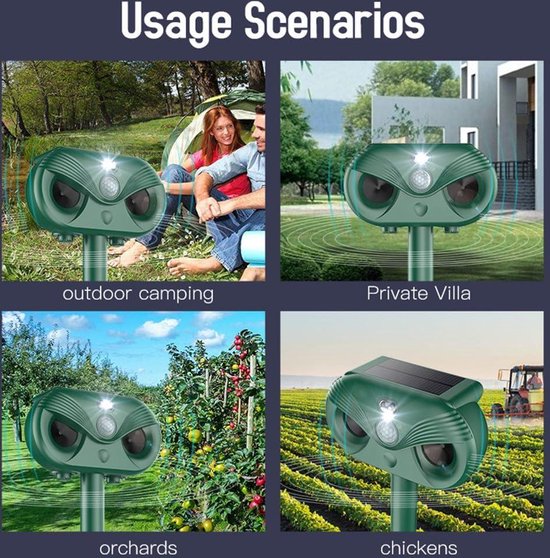 Ultrasone dierenafweermiddel met zonne-energie - tuinvos repeller voor buiten - eekhoorn en kattenafstotend - bewegingssensor en knipperlicht - stoot stinkdier, konijn en vos af