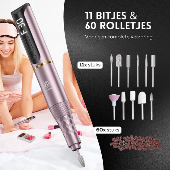 Beeperfect® Draadloze Elektrische Nagelvijl Pro Edition - Nagelfrees - Manicure en Pedicure set - Oplaadbaar - 11 Bitjes en 60 Schuurrolletjes - 30.000RPM - Roze