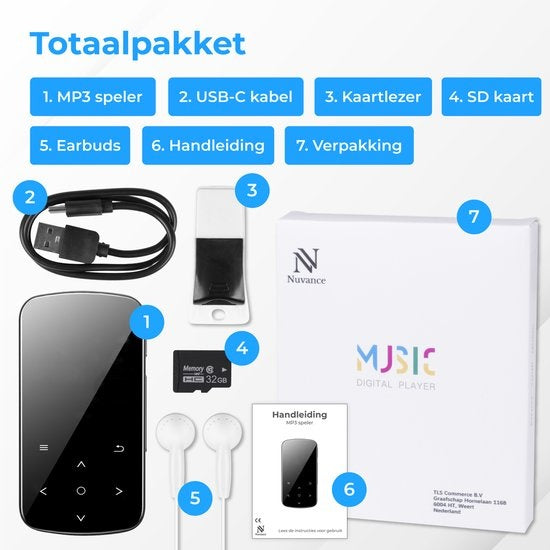 Nuvance - MP3 Speler met Touchscreen en Bluetooth - Incl. Oordopjes - met Clip - Voice Recorder Digitaal - met FM Radio - Zwart