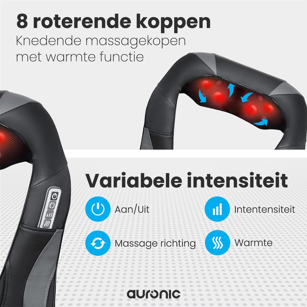 Auronic Shiatsu Massagekussen - Warmtefunctie met Infrarood - 100-240V - Zwart - 41x17x50 cm