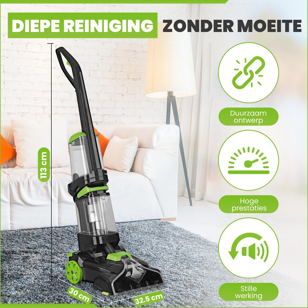 Tapijtreiniger 2-1 - Multifuntionele Vlekkenreiniger - 800W - 30 x 32.5 x 113 cm
