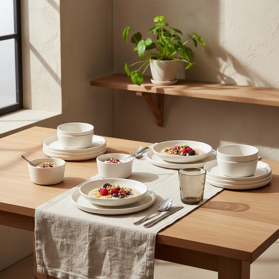 Luft Serviesset 6 Persoons - Restaurant Bordenset - Kommen - Eetborden - Modern - Massief Aardewerk, Keramiek - Crème/beige/wit - 18 delig