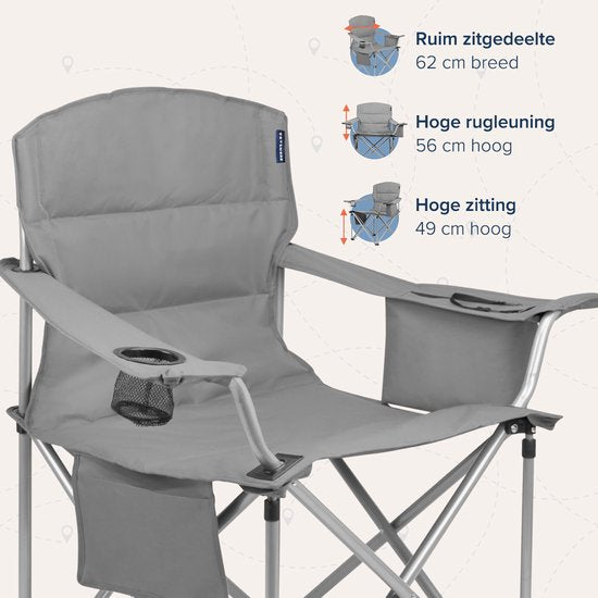 TRVLMORE Campingstoelen - Opvouwbaar - 2 Stuks - Vouwstoelen - 150 kg draagvermogen - Drankhouder - Koelvak - Zijvak - Grijs