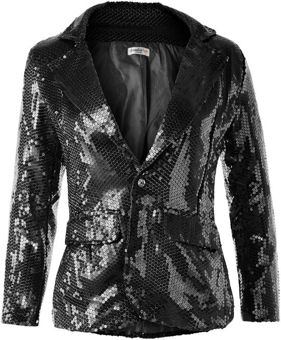 Dressforfun Paillettenjas dames zwart L - verkleedkleding kostuum halloween verkleden feestkleding carnavalskleding carnaval feestkledij partykleding - 303858