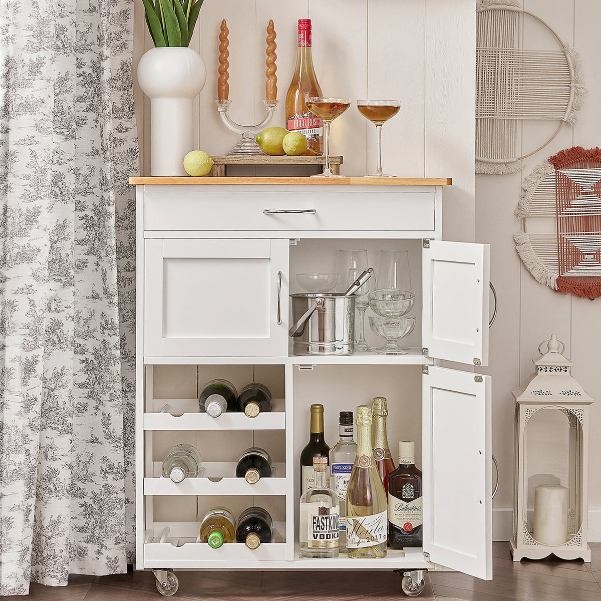 SoBuy Keukenwagen met 1 lade, 3 deuren & 3 wijn opbergplanken - Max. 30KG - 67 x 87 x 37 cm - Wit
