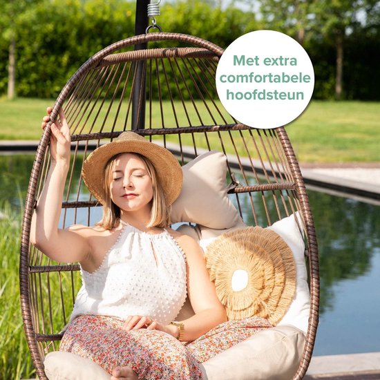 Vita5 Egg Hangstoel – Voor Binnen en Buiten – tot 150kg – Opvouwbaar - Incl. Standaard & Kussen – Cocoon Stoel - Crème Wit