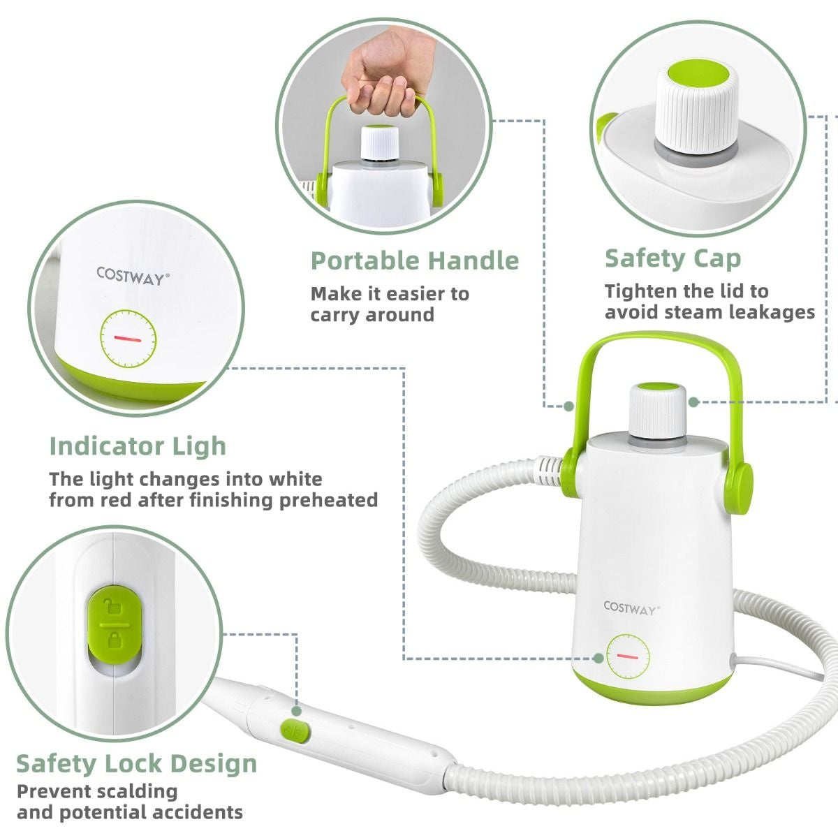 Coast Handstoomreiniger 1000W - 300ml Watercapaciteit en 10 Accessoires - Groen/Wit