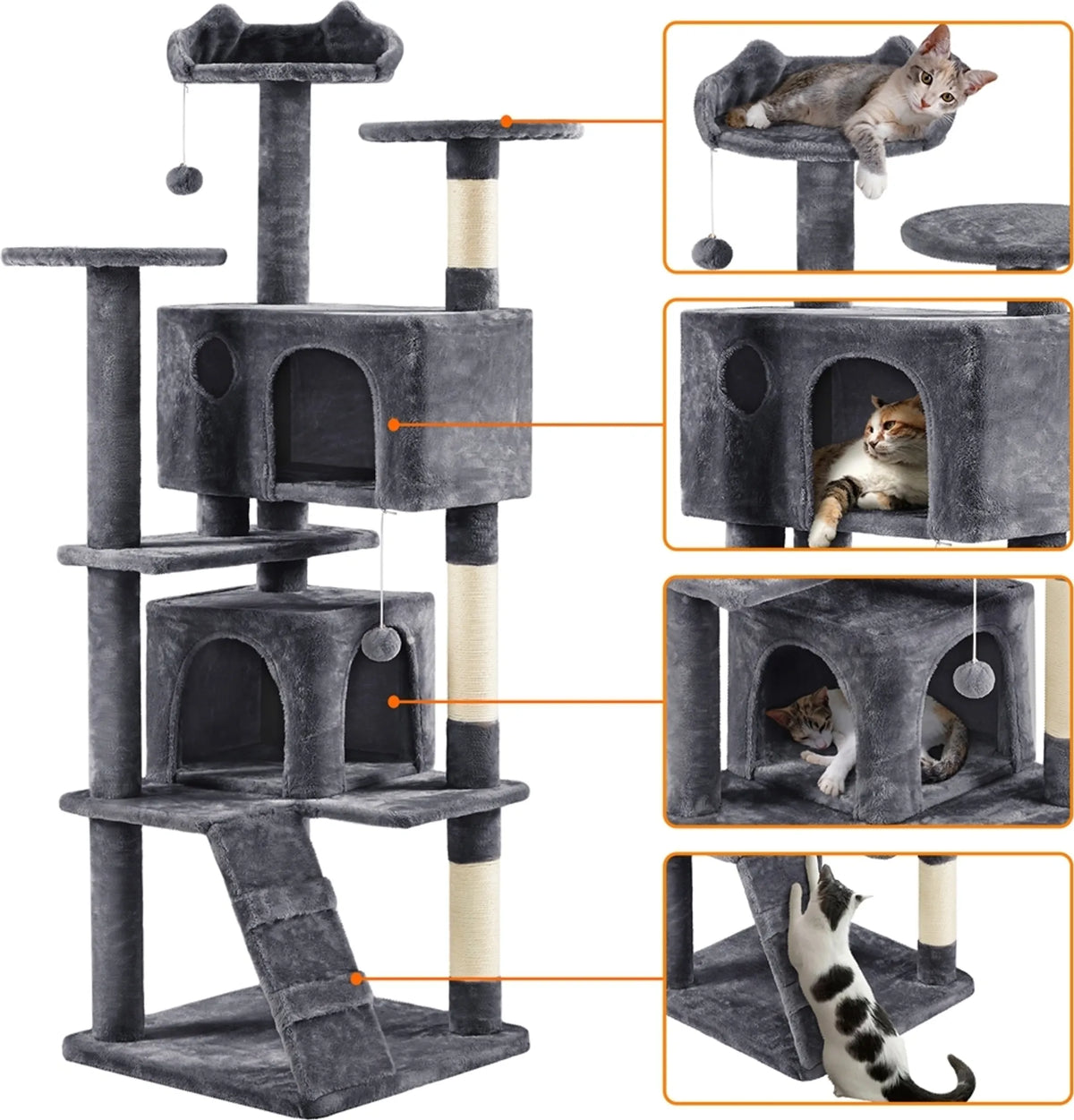 Yaheetech Krabpaal met 2 Grotten - 178 cm hoog - 54 x 54 cm - Donkergrijs