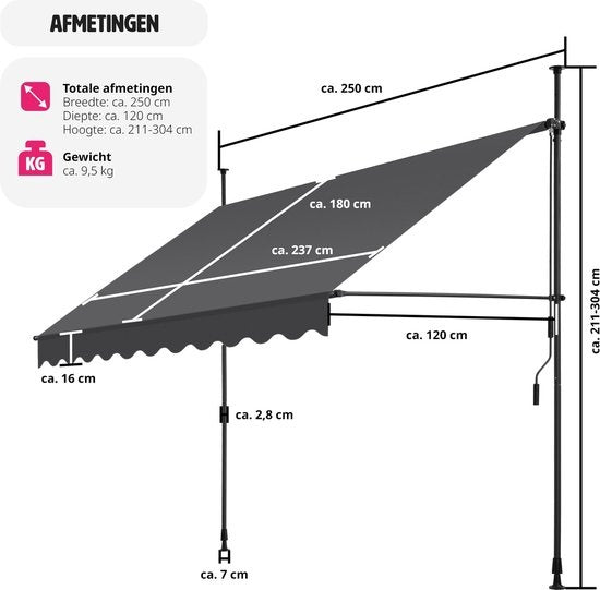 tectake - klemluifel - Zonnescherm – Zonneluifel - Verstelbaar - Klem-zonwering - Zonnescherm Balkon - 250 x 120 cm - zwartgrijs – zonwering - 404962
