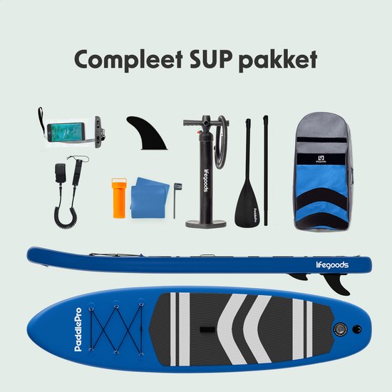 LifeGoods PaddlePro SUP Board - Opblaasbaar Paddle Board - Complete Set - Max. 150KG - 320x81cm - Blauw