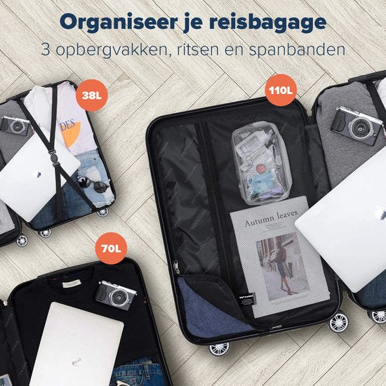 TRVLMORE Kofferset - 3 Delig - 38L Handbagage + 70L en 110L Ruimbagage - Lichtgewicht - Trolley - Reiskoffer Set - Donkerblauw