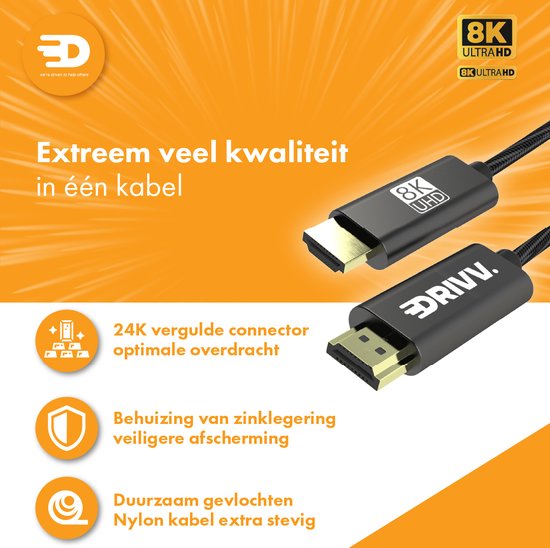 Drivv. HDMI Kabel 2.1 8K - Ultra HD High Speed - HDMI naar HDMI - Geschikt voor Xbox Series X & PS5 - 1 meter - Nylon - Grijs