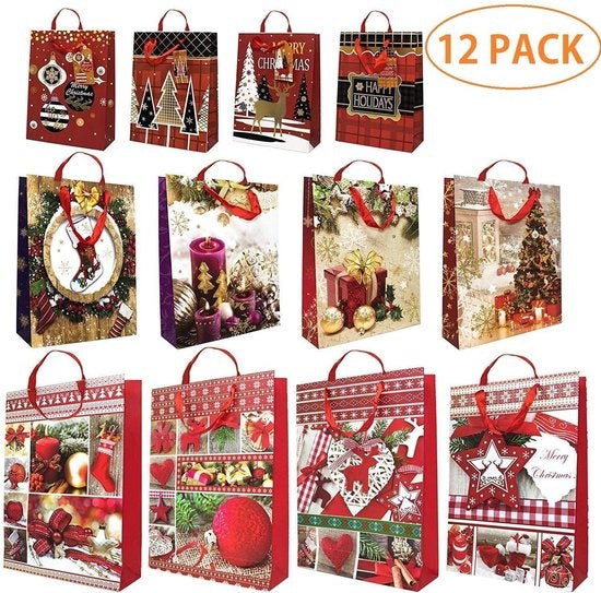 Assortiment van 12 kerstcadeauzakjes met touwhandvaten en bijpassende cadeau-etiketten - 4 Grote (31 x 40 cm), 4 Middelgrote (26 x 32 cm) en 4 Kleine (18 x 24 cm)