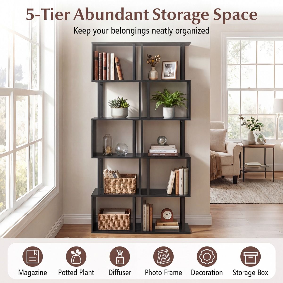 Coast Boekenrek met 5 planken - geometrisch ontwerp - metalen frame - zwart/rustiek bruin