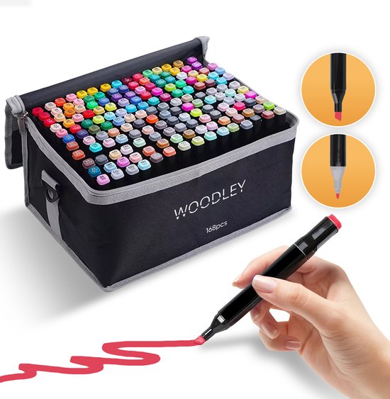 Woodley Dubbelzijdige Stiften - 168 kleuren - Voor volwassen en kinderen - Markeerstiften - Dubbelzijdige stiften - Twinmarkers - Alcohol markers