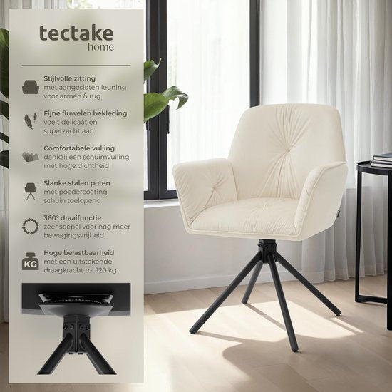 tectake® Draaifauteuil Lenia - Set van 2 Draaifauteuils met Armleuning - Draaibare Eetkamerstoel - Draaibare Fauteuils - Gestoffeerd - Fluweellook Crème/Zwart