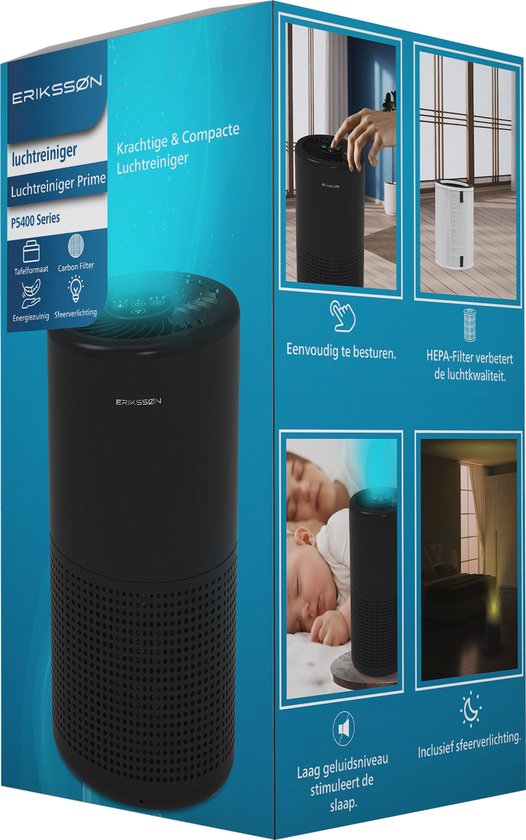 Erikssøn Air Pure Prime Luchtreiniger – Compact – HEPA 13 & Koolstoffilter – 70 m³/u – Stil & Energiezuinig – Zwart – 14,5x14,5x25,5 cm