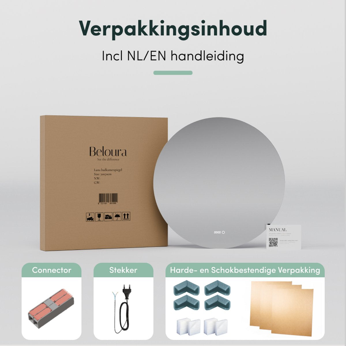 Beloura Badkamerspiegel met Verlichting - Ronde Badkamer Spiegel - Verwarming - Klok - LED - 70 cm