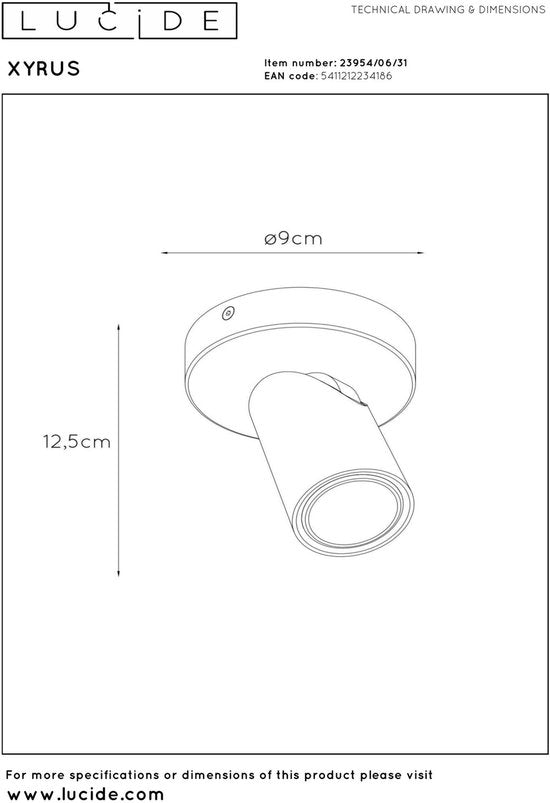 Lucide XYRUS - Plafondspot (Plafondlamp) - Ø 9 cm - LED Dim to warm - GU10 - 1x5W 2200K/3000K - Wit