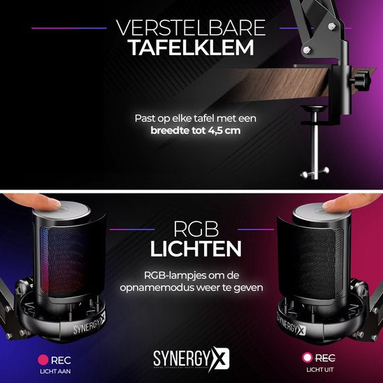 SynergyX SonicFlex Pro Microfoon - USB Gaming Microfoon Met Arm - PC-Gaming - Geschikt voor PC/PS4/PS5 - RGB - Podcast - Gaming - Streaming - Zwart