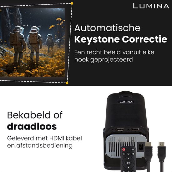 Lumina® Pro Mini Beamer 2025 – 4K Draagbare Smart Projector met WiFi 6 & Bluetooth 5.2 – Compatibel met iOS & Android – Ideaal voor Thuisbioscoop – Zwart