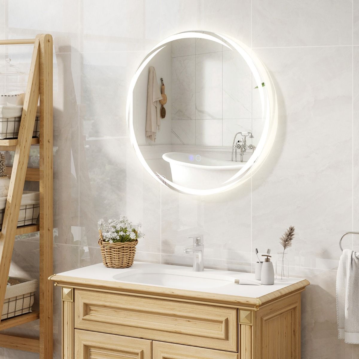 Coast 60x60 cm LED Badkamerspiegel Rond Zilver met Dimbare 3-Kleurenverlichting, Anticondens en Geheugenfunctie