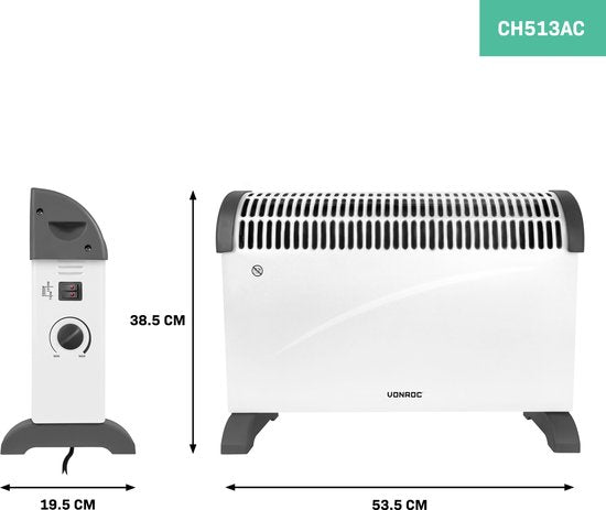 VONROC Elektrische kachel - Convectorkachel – 3 standen: 750W/1250W/2000W - Regelbare thermostaat- Verwarmt ruimtes tot 24m2 - Extra stevige behuizing – Geruisloos – Wit