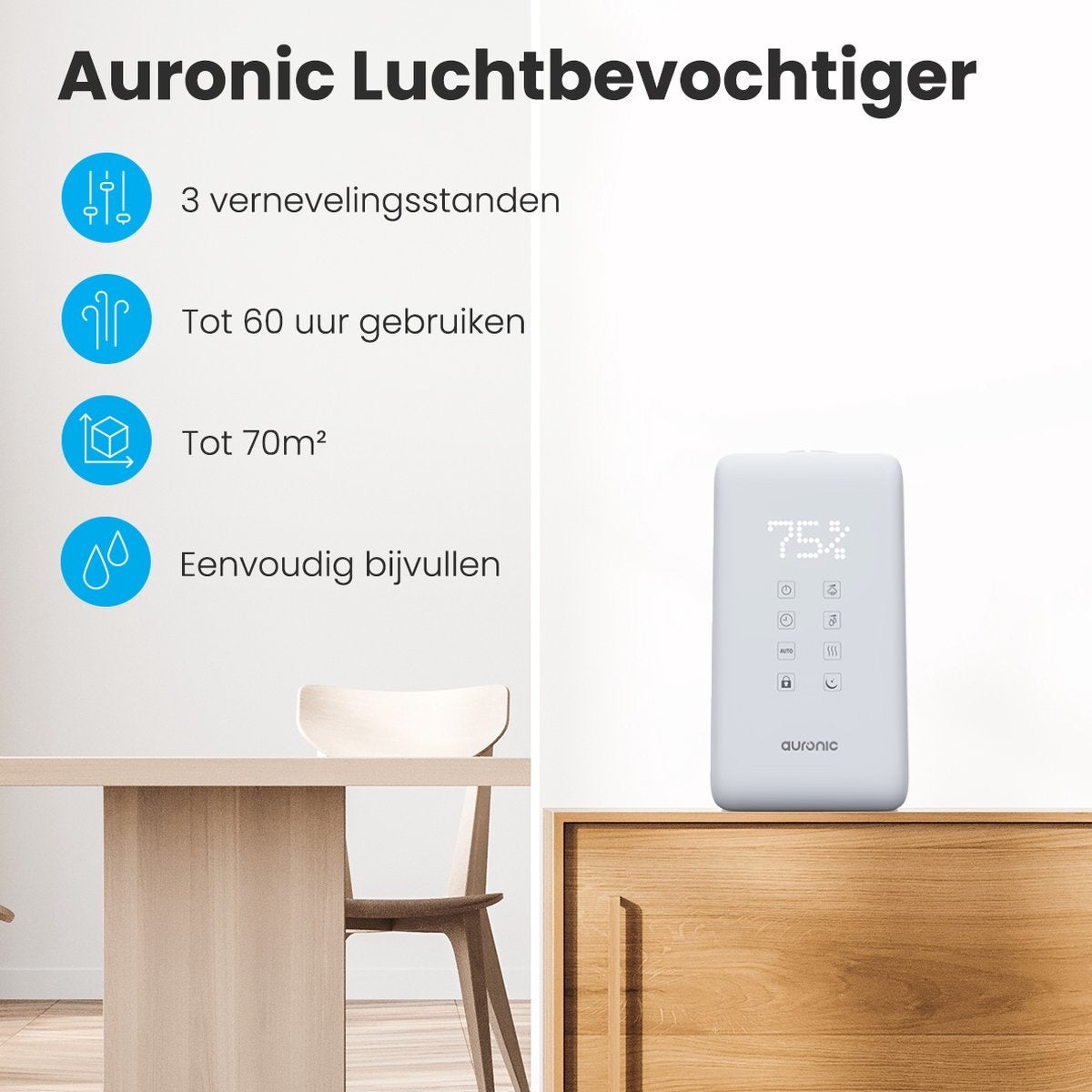 Auronic Luchtbevochtiger – 3 Vernevelingsstanden - 6L Tank – 280 W – 29 x 18,9 x 33 cm – Wit