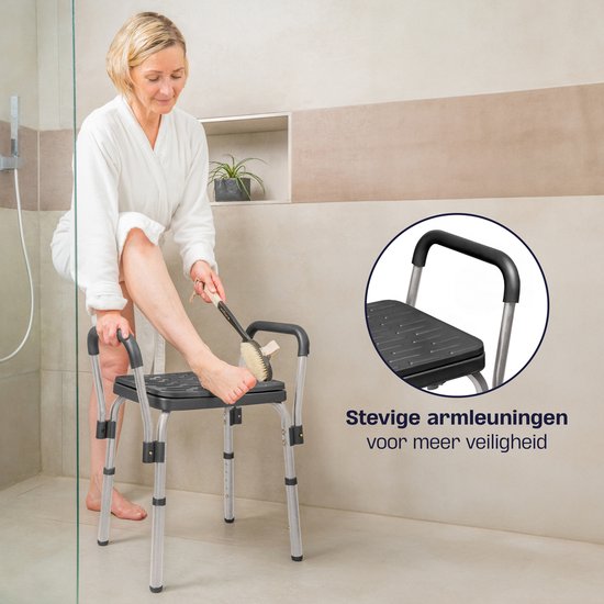 Sanicraft® Douchestoel - Douchekruk met Armleuning & Douchekophouder - Stoel & Kruk in 1 - Verstelbare Hoogte - Anti-Slip Poten - Zilver