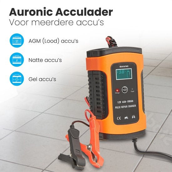 Auronic Acculader - Druppellader - voor Auto en Motor - 12V - tot 100Ah - Oranje