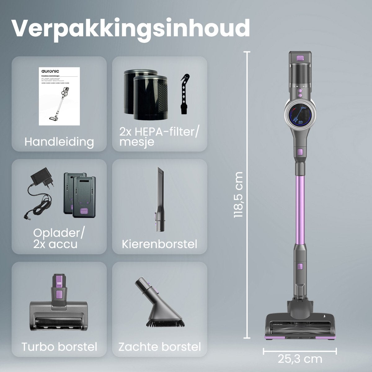 Auronic Steelstofzuiger - Draadloos - 350W - Zelfstaande Stofzuiger - Zonder Zak - Extra Accu - Vacuum Cleaner - Grijs/Paars