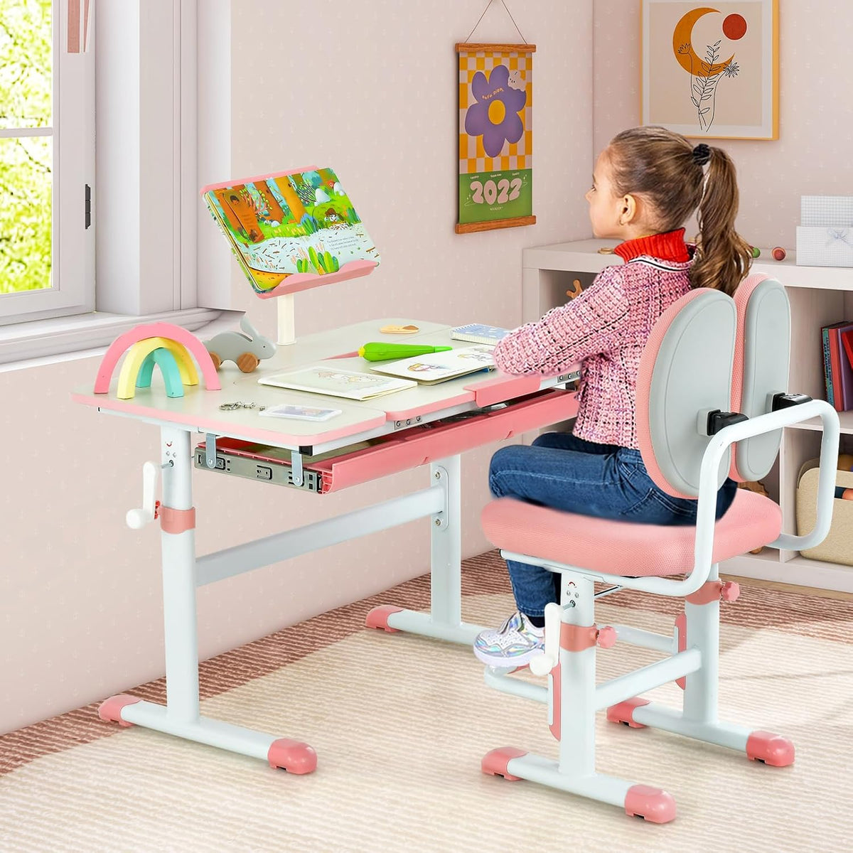 Coast Kinderbureau met stoel - Hoogte verstelbaar - Max. 110 kg - 80 x 52 x 73 cm - Roze