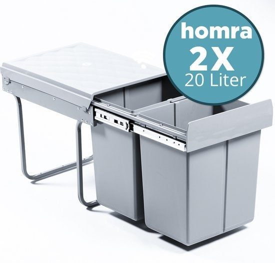 Homra Inbouwprullenbak – Uittrekbaar & Soft-Close – 2x20L – 34 x 48 x 41,5 cm – Grijs