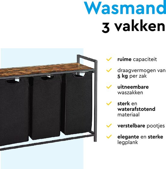 BRASQ Wasmand 3 vakken - Wassorteerder 114 Liter - Uitschuifbaar met Plank 92,5x33x71 cm - Wasbox Zwart Metaal - Bruin hout - Basket