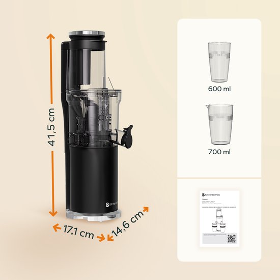 KitchenBrothers Slowjuicer - Verticaal - Juicer - Groenten en Fruitpers - 80 mm - 750 ml - Zwart