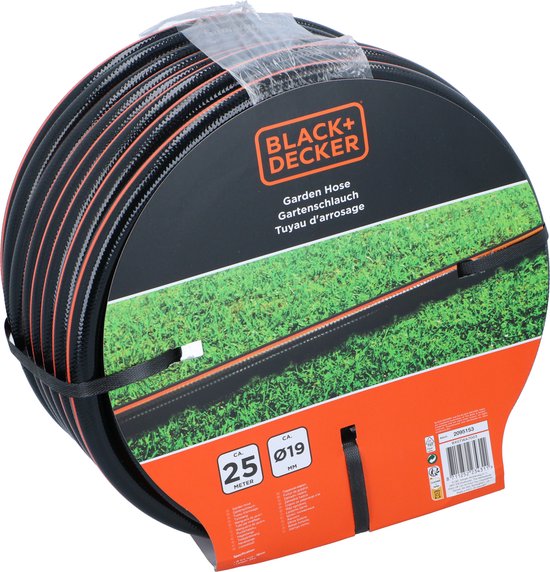 BLACK+DECKER Tuinslang 25 Meter - ⌀19MM - Duurzaam PVC - Tuin Besproeien, Auto Wassen, Zwembad Vullen - Past op Elke Standaard Kraan - Zwart/Oranje