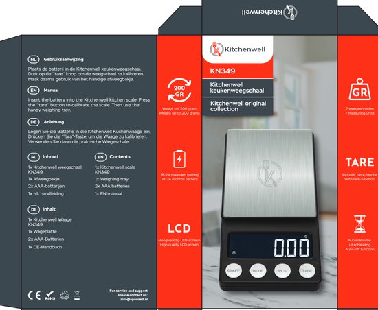 Kitchenwell Digitale Precisie Keukenweegschaal – Weegschaal Keuken - 1gr - 10kg – Tarra Functie - USB Oplaadbaar - Grijs