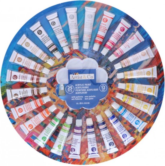 Artist & Co Acrylverf Schilderspaletb - 25 Kleuren - op waterbasis - Multikleur