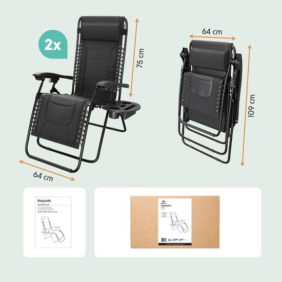 LifeGoods Ligstoelen Comfort - Opvouwbaar - 30°-90° Verstelbaar - Beker en Telefoonhouder - Tuinstoelen - Zwart