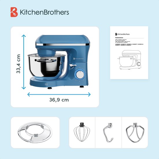 KitchenBrothers Keukenmachine - Keukenrobot - 6,2L - Mixer met Mengkom - Keukenmixer - 2000W - Pastel Blauw