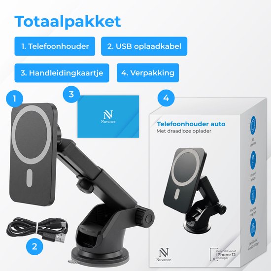 Nuvance Telefoonhouders Auto - Telefoonhouder met Zuignap - Geschikt voor MagSafe - Incl USB-C kabel - Draadloze Oplader - Gsm Houder Auto