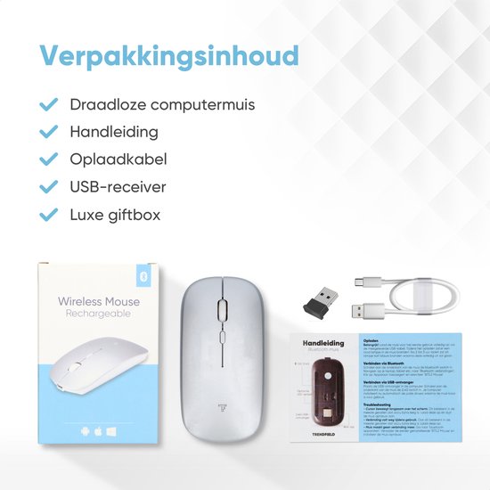 Trendfield Draadloze Muis - Oplaadbare Computermuis - Bluetooth - Ergonomische Muis met Stille Klik - Geschikt voor alle Laptops - Zilver