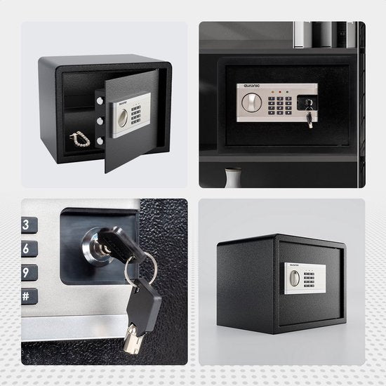Auronic Elektronische Kluis - Cijferslot - Sleutel - Muurbevestiging - 4,3cm Deur - 130dB Alarm - 28L - 30x38x30cm - 10KG - Staal - Zwart