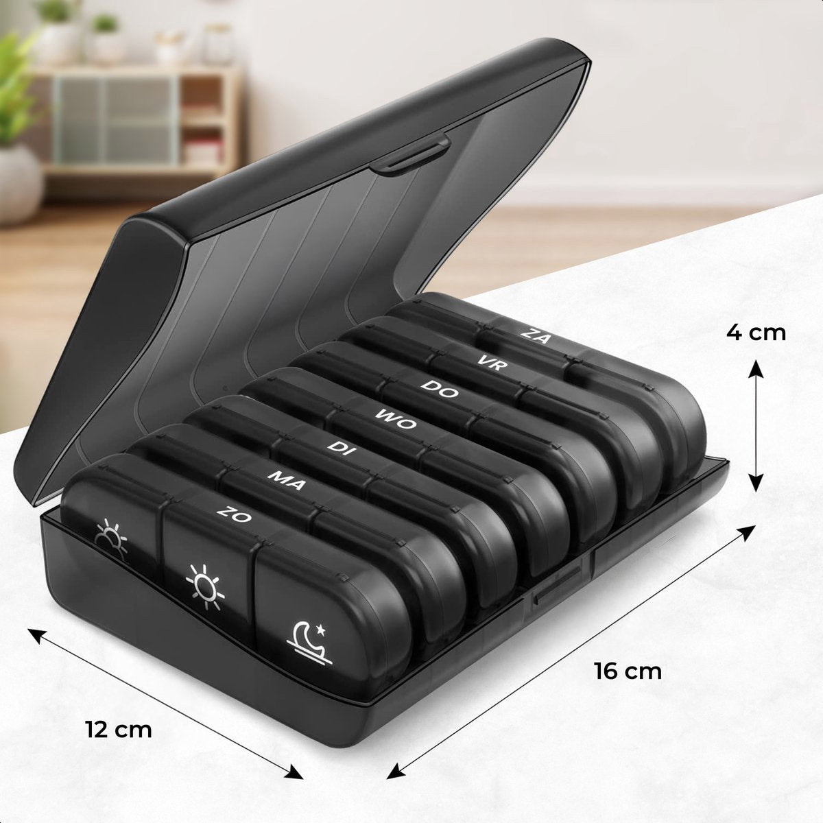 Alyze Medicijndoos 7 Dagen Zwart 15.6 x 12 x 4.2 cm – Pillendoos BPA-vrij met 3 Vakken per Dag – Compact en Duurzaam Medicatiebox